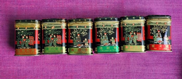 1950s Mid-Century Chrome Oriental Tea Caddy & sampler tins