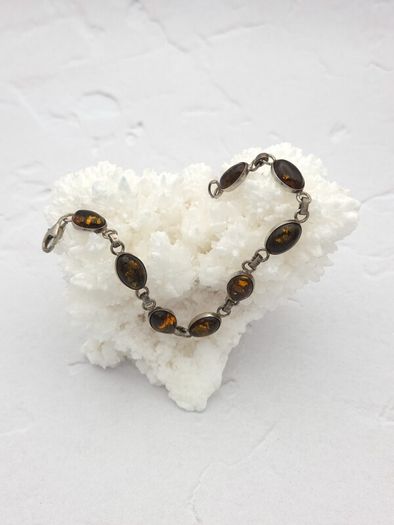 Vintage 925 Sterling Silver & Dark Brown Natural Baltic Amber Bracelet