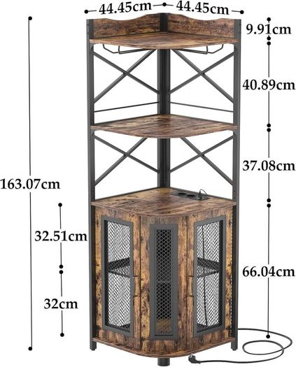 Corner Bar Cabinet with Socket, Industrial Wine Cabinet with LED Strip and Glass Holder, 5 Tier Spirit Rack for Home
