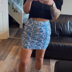 Oh Polly UK12 Blue Floral Ruched Mini Skirt Y2K Bodycon Mesh