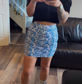 Oh Polly UK12 Blue Floral Ruched Mini Skirt Y2K Bodycon Mesh