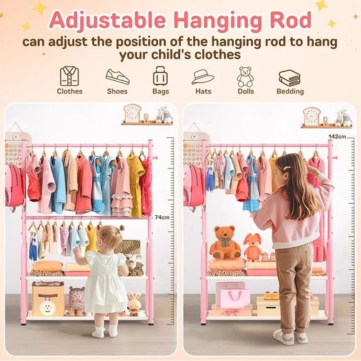 Kids Clothing Rail with 2-Layer Storage Shelf and 2 Adjustable Hanging Rods,Dress Up Rail for Hanging Clothes,Dress up Storage for Baby Toddle Kids(Classic, Pink)