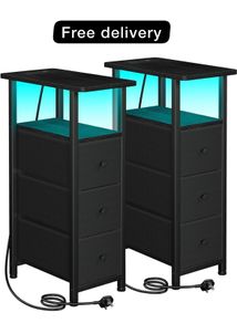 Bedside Table Set of 2 with Charging Station, Narrow Side Table with LED Lights