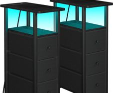 Bedside Table Set of 2 with Charging Station, Narrow Side Table with LED Lights