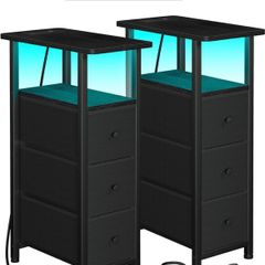 Bedside Table Set of 2 with Charging Station, Narrow Side Table with LED Lights