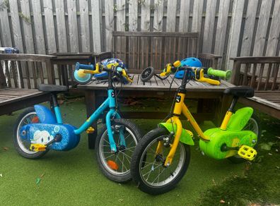 Btwin Ocean 500 and Dino 500 14" kids bikes, with trims and helmets