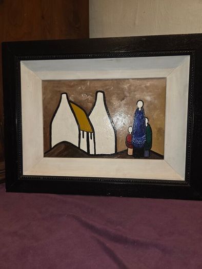 Oil on Board Shawlies and Cottages painting - Framed