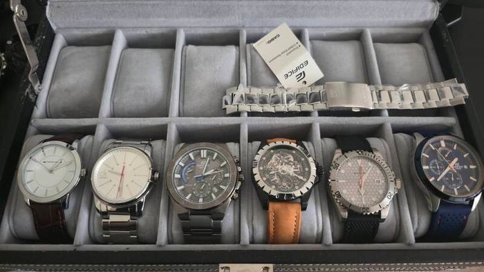 6-Watch Collection Bundle with 12-Slot Display Box (Boderry Titanium, Casio Edifice, CK, Newbridge)