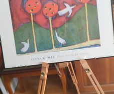 Framed Vintage  titled "Four Orchard Geese" by artist Elena Gomez.from the 1990s, specifically referenced in 1999.