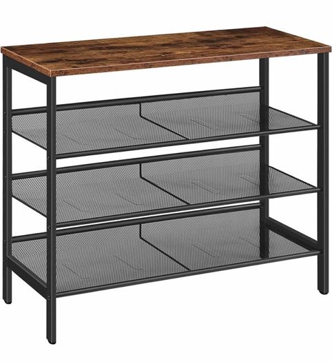 4-Tier Shoe Rack, Industrial Shoe Storage Organizer with 3 Adjustable Mesh Shelves, Metal Frame, Strong and Durable, Ideal for Entryway, Living Room, Bedroom, Hallway, Rustic Brown