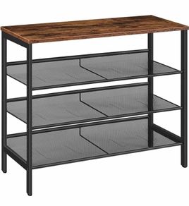 4-Tier Shoe Rack, Industrial Shoe Storage Organizer with 3 Adjustable Mesh Shelves, Metal Frame, Strong and Durable, Ideal for Entryway, Living Room, Bedroom, Hallway, Rustic Brown