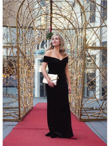 Full length Eliza J black velvet bardot dresses