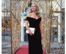 Full length Eliza J black velvet bardot dresses