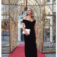 Full length Eliza J black velvet bardot dresses