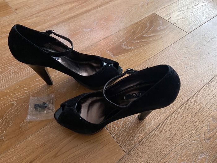 Next Black Suede Peep toe Strappy Heels UK6