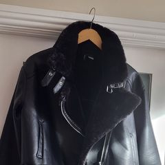 H&M Black faux leather & fur cropped biker jacket Sz M (Fit 12-14UK) Rrp 89.99