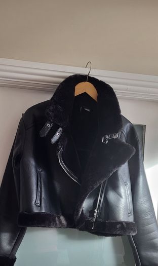 H&M Black faux leather & fur cropped biker jacket Sz M (Fit 12-14UK) Rrp 89.99