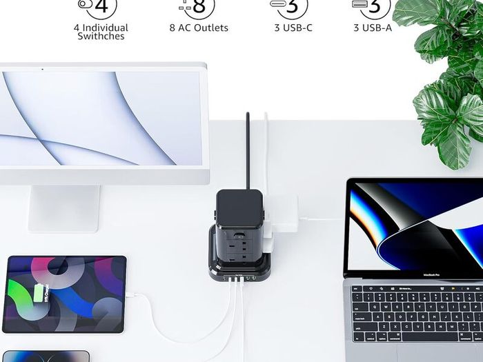Tower Extension Lead with USB C Slots, 8 Way Multi Plug Extension Tower with 6 USB Ports, 13A 3250W Extension Cable with 4 Independent Control Switch, 1.8M Power Strip Tower for Home, Office, Kitchen