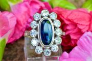 Antique 1920s Sapphire &amp; Diamond Cluster Ring - 18ct White Gold &amp; Platinum