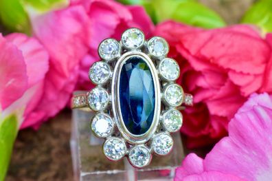 Antique 1920s Sapphire & Diamond Cluster Ring - 18ct White Gold & Platinum