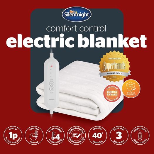 Silentnight Comfort Control Electric Blanket Double Bed - Heated Underblanket with 4 Heat Settings - Fast Heat Up - Overheat Protection and Easy Fit Straps - Machine Washable - Double - 135x120cm