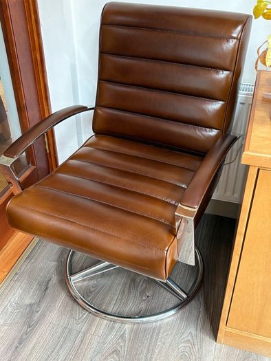 French Leather Swivel Arm Chair & Matching Foot Stool