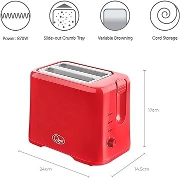 Quest Red Two Slice Toasters 870 Watts Reheat/ Cancel / Defrost/ Variable Browning Settings All New Stock Boxed Fully Guaranteed Price 20 Inc vat