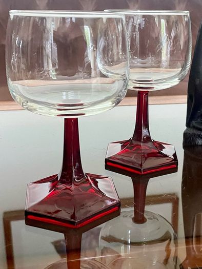 Vintage Luminarc Ruby Red Wine Glass Hexagonal Base Made in France