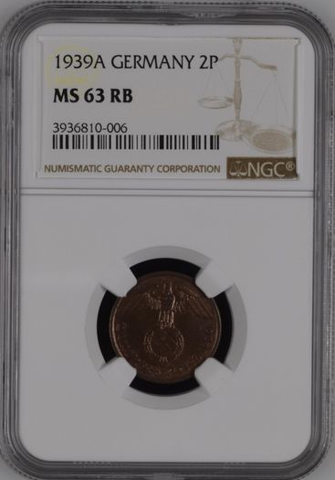 War-time Germany 1939A 2 Reichspfennig NGC Graded MS63 RB