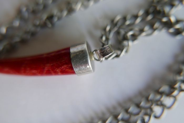 Vintage Red Fossilized Coral .925 Sterling Silver handcrafted Large Bali Bracelet and Red Coral Horn Pendant Necklace