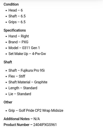 PXG 0311 Gen 1 Irons / 4-Pw-Gw / Fujikura Pro 95i Stiff