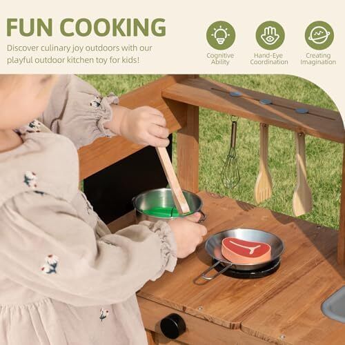 Mud Kitchen for Kids Outdoor, Kids Kitchen Playset with Canopy, Gardening Tools, Chalkboard, Flower Pot, Cookingware, Removable Water Tank, for Boys and Girls 3+, Solid Fir Wood