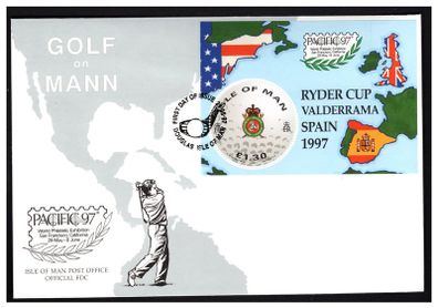 1997 Isle of Man Golf - Ryder Cup Valdererrama Spain 97 Commemorative Stamp Miniature Sheet First Day Cover (FDC)