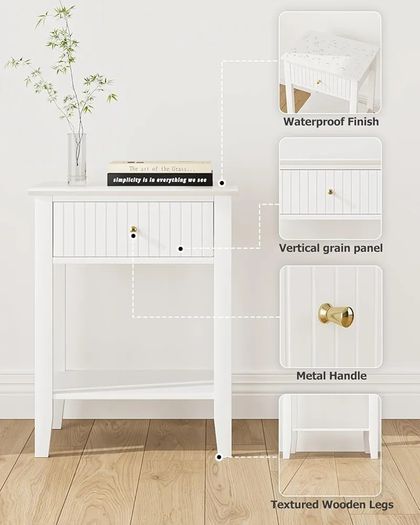 Bedside Table Chest of 1 Drawer, Bedside Cabinet Wooden Nightstand, Modern Side Table for Living Room,Bedroom,Office,White