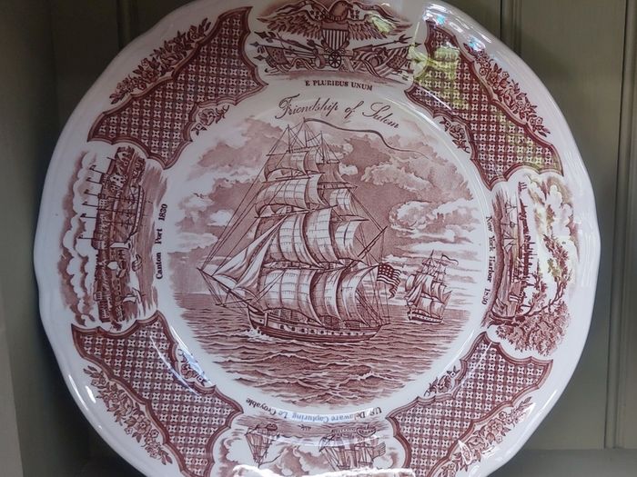 Vintage Set of Six Brown and White Fair Winds, Historical Scenes of Chinese Export to America - "The Friendship of Salem" Large Dinner Plates by Alfred Meakin