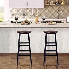 Round Bar Stool Square Leg Vintage Rustic Brown Easy Assembly for Home Kitchen Counter - Set of 2