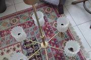 Antique French 20th century brass and 6 opaline glass Chandelier, plus two wall lights, 1970s