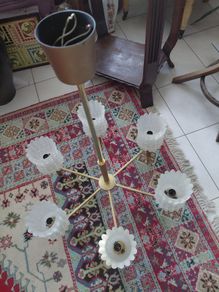 Antique French 20th century brass and 6 opaline glass Chandelier, plus two wall lights, 1970s