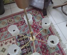 Antique French 20th century brass and 6 opaline glass Chandelier, plus two wall lights, 1970s