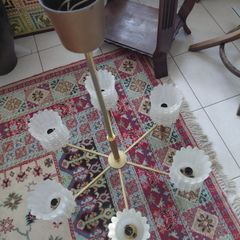 Antique French 20th century brass and 6 opaline glass Chandelier, plus two wall lights, 1970s