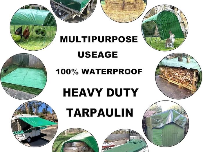 Tarpaulin Waterproof Heavy Duty 420g/m 100% Waterproof Tarps Multi-Purpose Cover for Kennels Chicken Coops Fishpond Hay Log Pile Roof Trailer Outdoor Furniture Ground Sheet 1.5 x 2M
