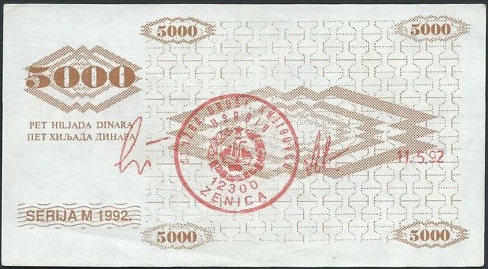 Bosnia & Herzegovina | 5000 Dinara | 1992 | P.9g | Xf+