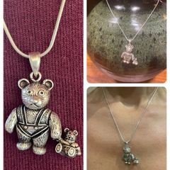 Vintage 925 Solid Sterling Silver Articulated Poseable Teddy Bear Pendant Necklac