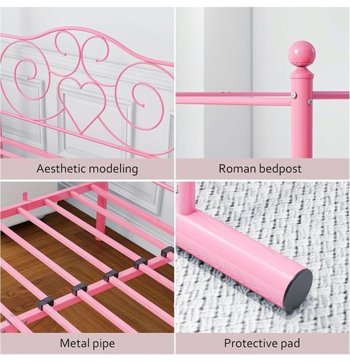 Double Canopy Bed Frame with Vintage Headboard & Footboard, Pink 135x190cm Double Canopy Bed Frame, 4ft6 Heavy Duty Metal Bed, Heart Scroll Headboard & Footboard, Steel Slats for Bedrooms