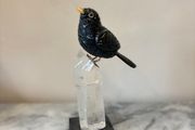 Hand-Carved Gemstone Blackbird on Tall Clear Quartz Crystal Point