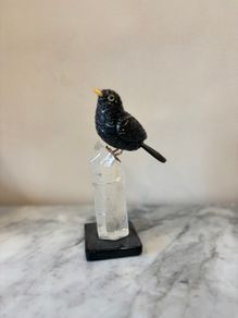 Hand-Carved Gemstone Blackbird on Tall Clear Quartz Crystal Point