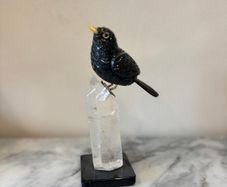 Hand-Carved Gemstone Blackbird on Tall Clear Quartz Crystal Point