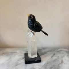 Hand-Carved Gemstone Blackbird on Tall Clear Quartz Crystal Point