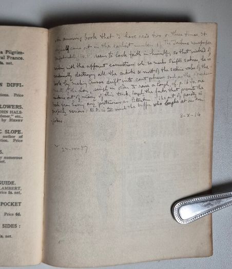 Robinson Crusoes Return. 1906. Barry Pain. Rare Vintage Book with 1914. With Review. Antiquarian, collectible, paperback, softcover, antique, satire, humour, parody, comedy, fiction, literature, edwardian, marginalia, handwriting, inscribed.