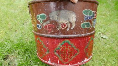 Antique Hand Made Hand Painted Wood Bucket